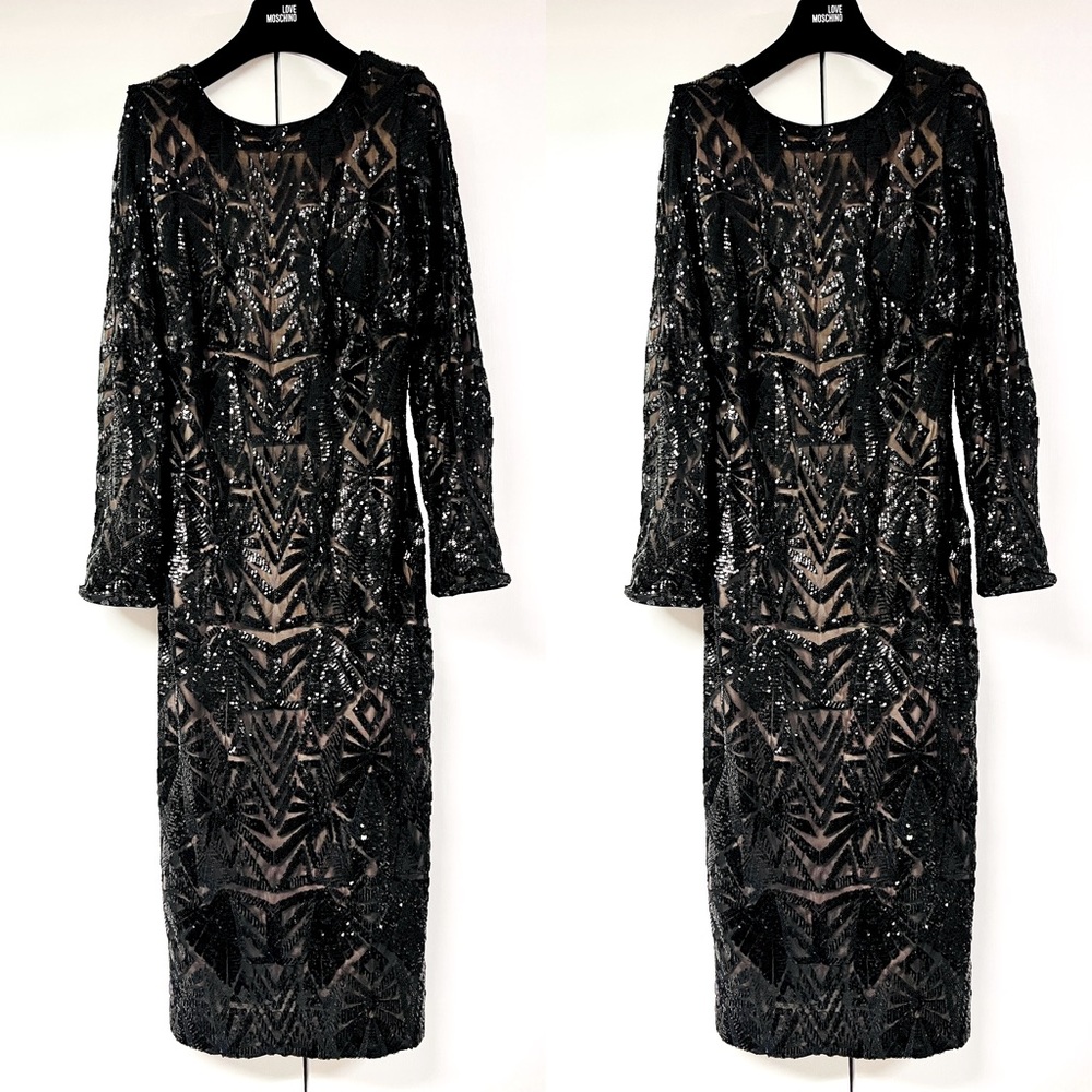 Long Sleeve Black Sequin Evening Cocktail Dress